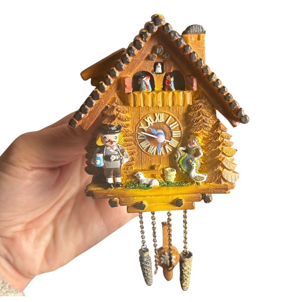 Vintage Mini Cuckoo Clock Chalet Alpine Bavarian Resin Pendulum German 1980s